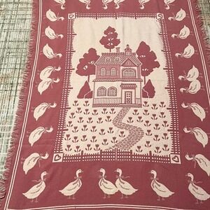 Vtg Fieldcrest Pink Cottagecore Geese Throw Blanket Cotton Woven Farmhouse